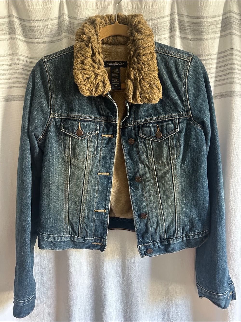 Abercrombie & Fitch Blue Denim Jacket with Tan Faux Shearling Collar